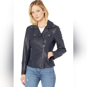Max Studio Navy Faux Leather Jacket Sz Med